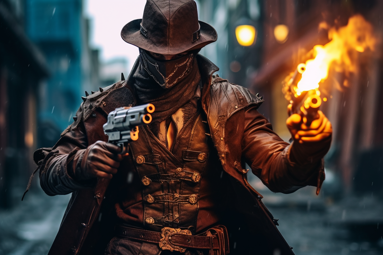 Close-up steampunk gunslinger in fast-paced shootout with sparks.