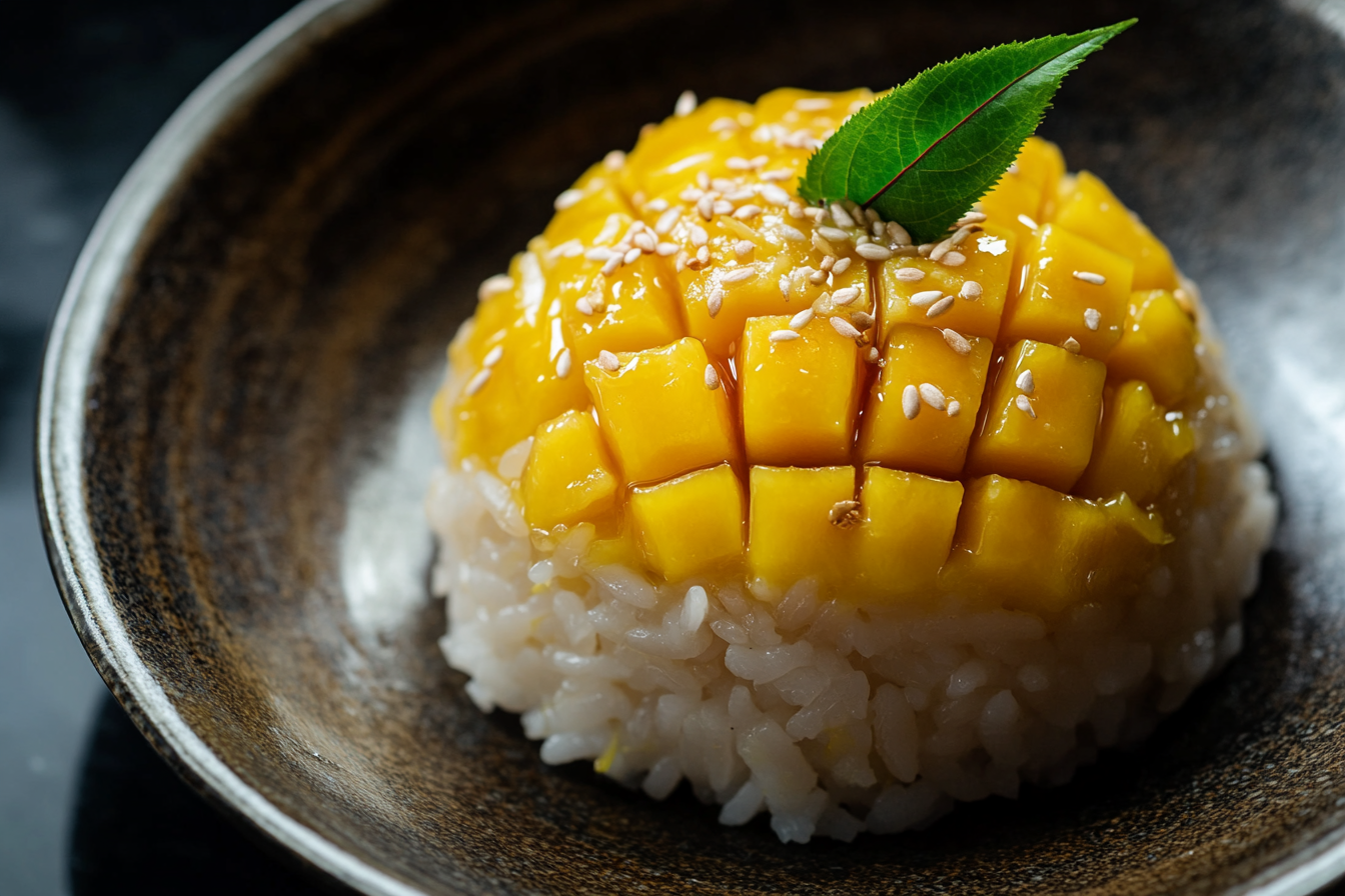 Close-up top view of mouth-watering Mango Sticky Rice.