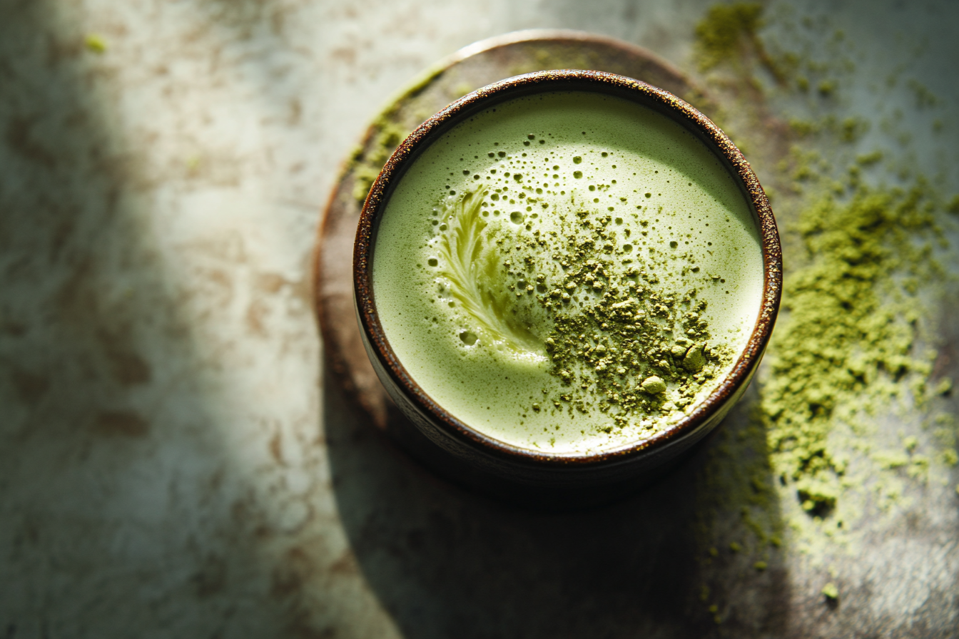 Close-up top view of tempting Matcha Latte cup.