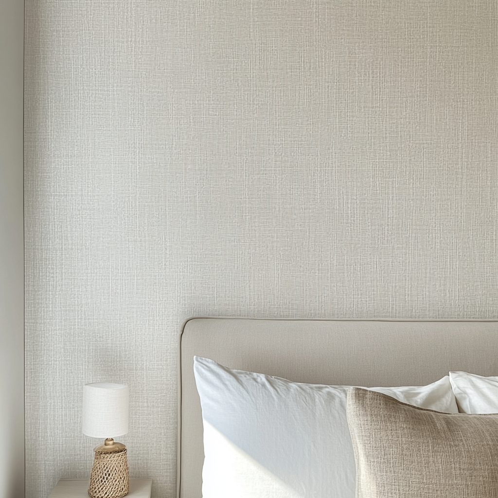 Close-up view of bedroom wall with wallpaper texture.