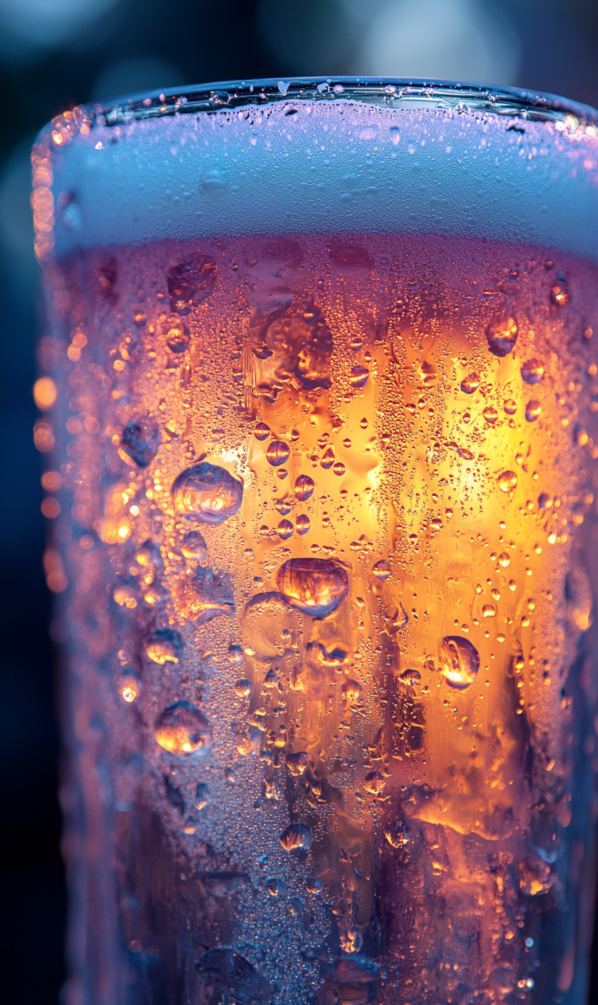 Close-up view of thick pastel beer foam in glass.