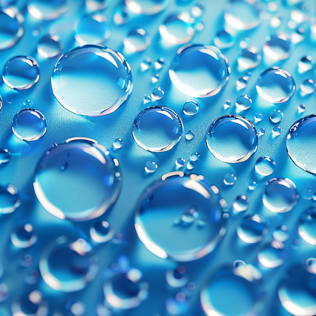 Close-up water droplets on vibrant blue background pattern