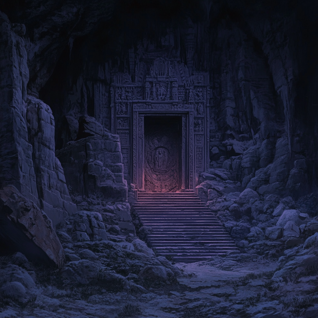 Closed stone door to temple with glowing purple light.