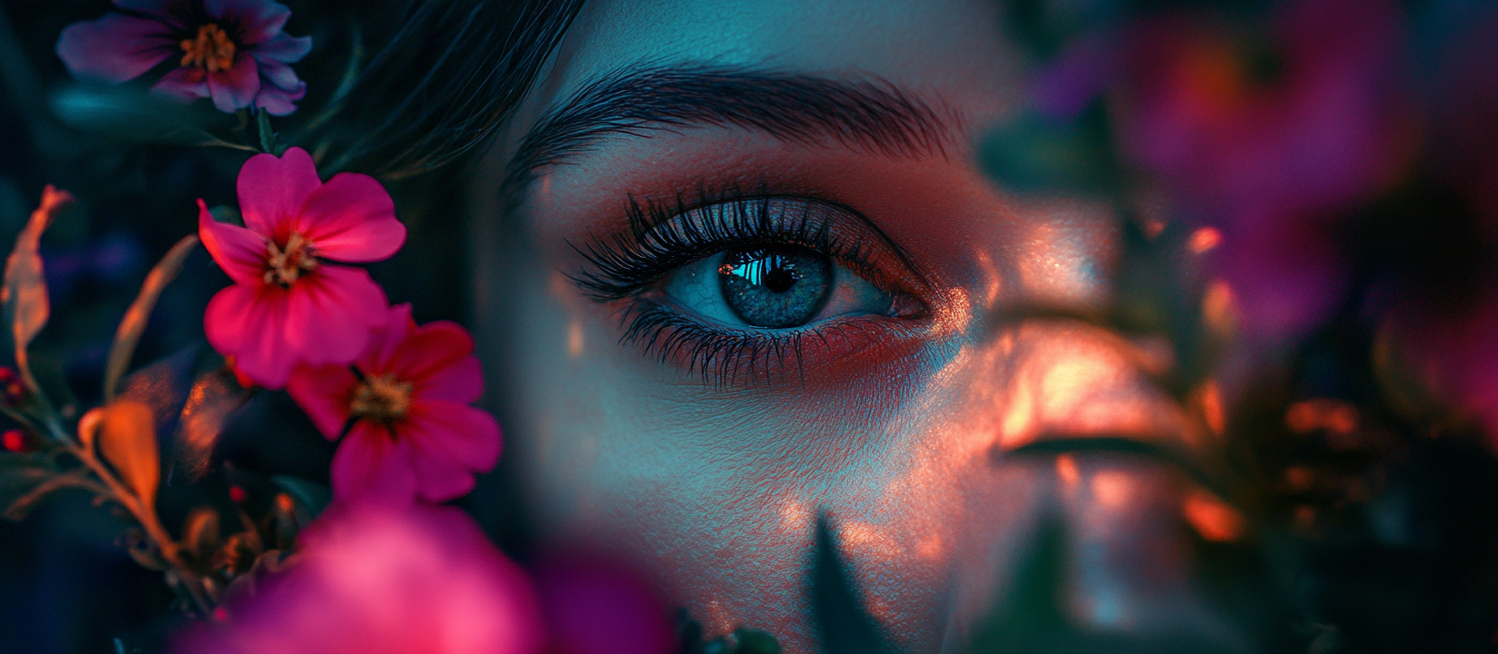 Closeup of woman's black eye with flowers, cinematic night.