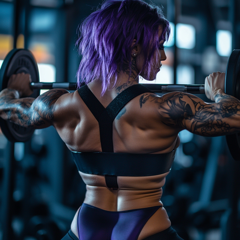 Closeup shot of leather weight lifting belt on woman.