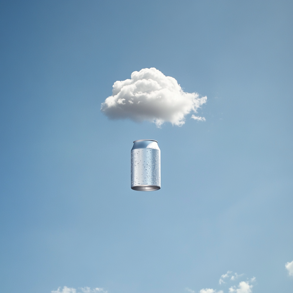 Cloud shaped like soda can in clear sky, surreal.