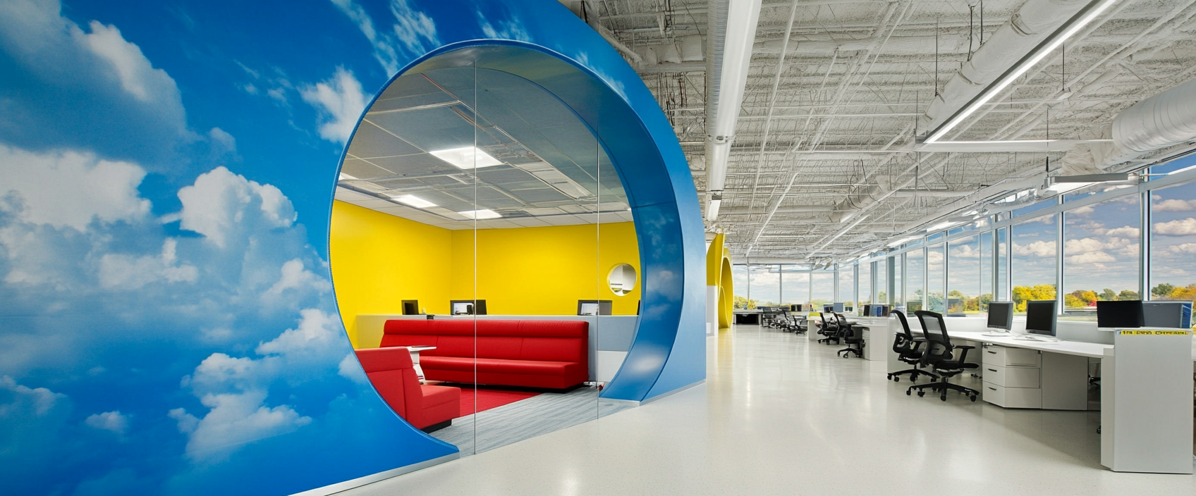 Cloud-themed party in office designed by Steven Holl