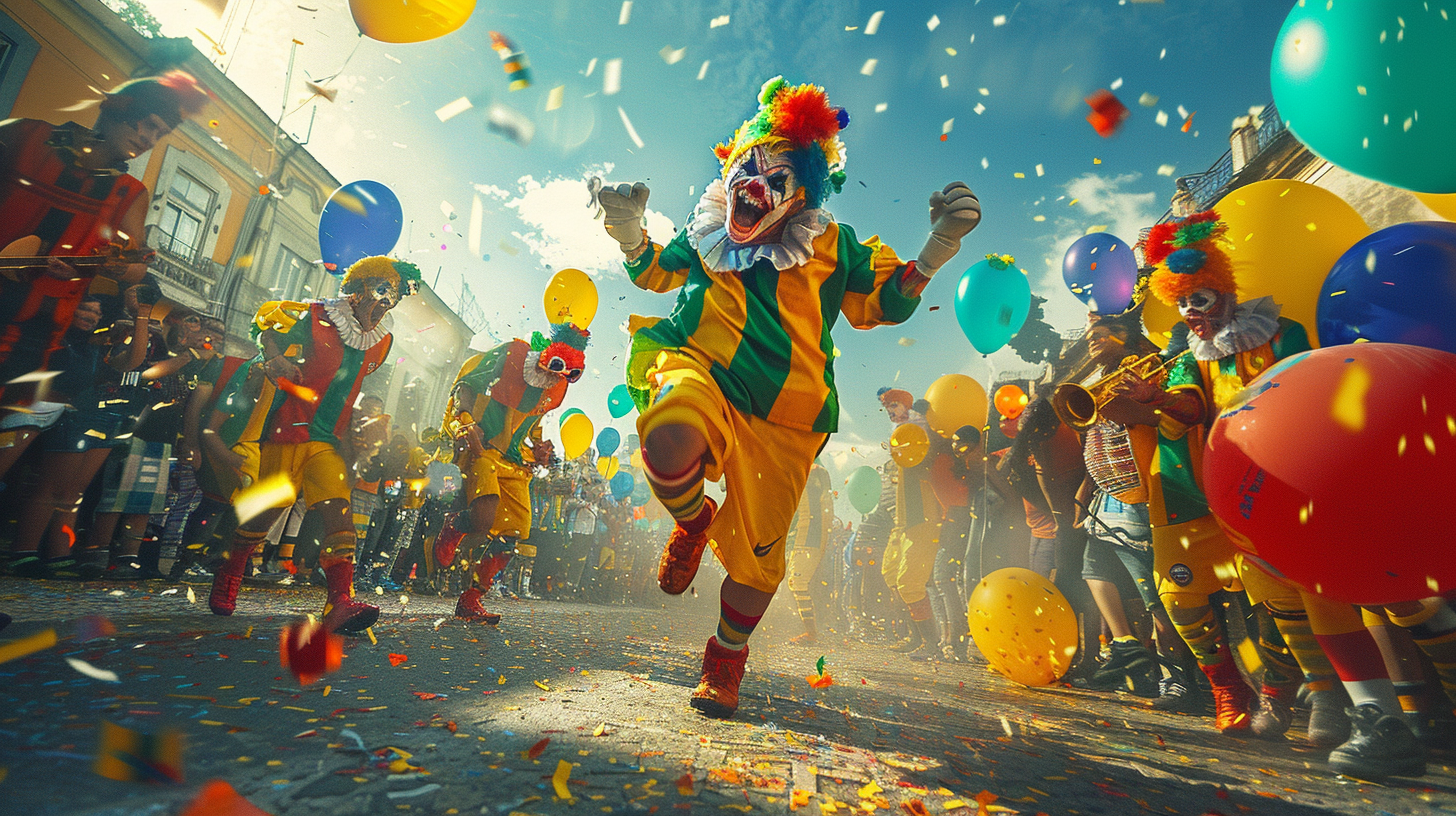 Clowns celebrating in Brazil soccer jerseys, balloons overhead.