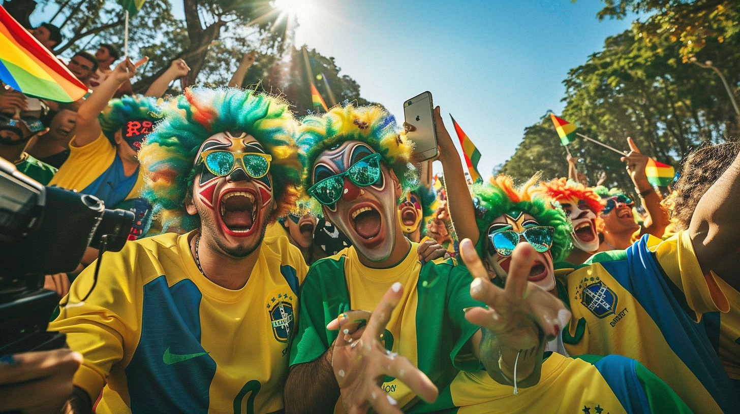 Clowns in Brazil soccer jerseys gather in park.