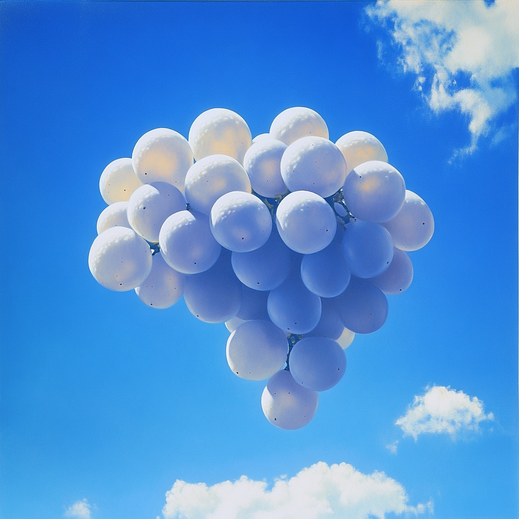 Cluster of grape-shaped cloud in a blue sky with soft, fluffy textures.