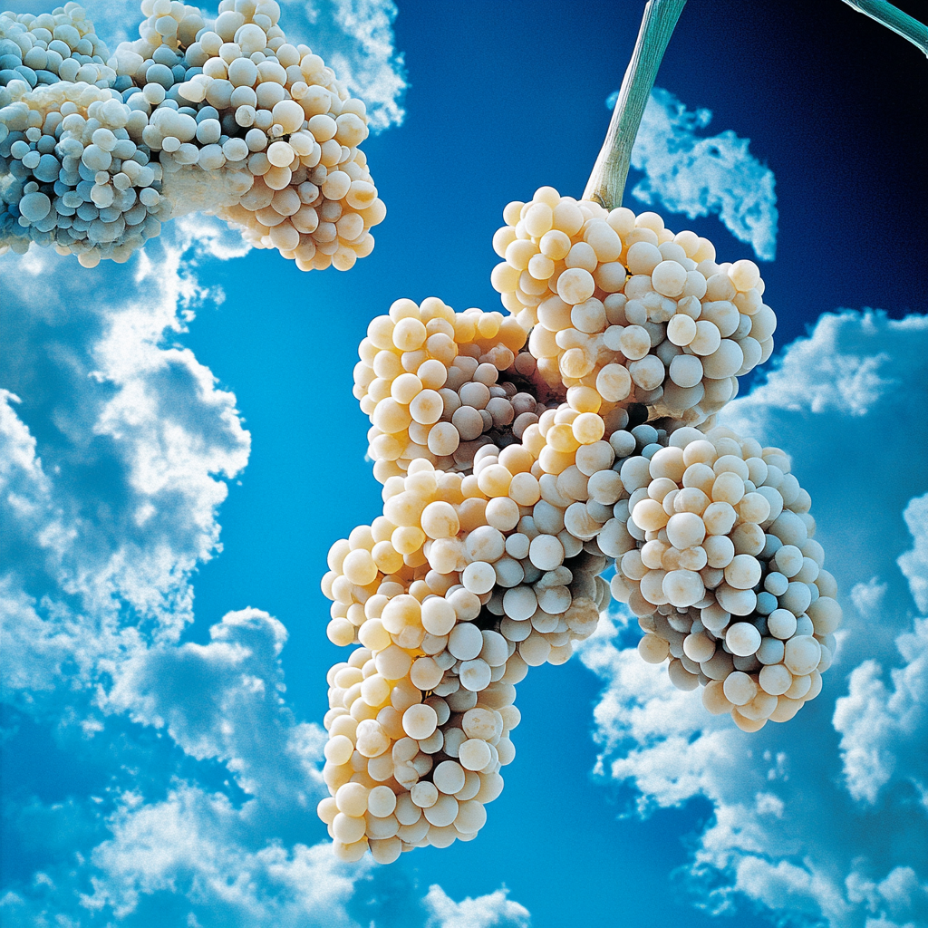 Cluster of grape-shaped cloud in bright blue sky.