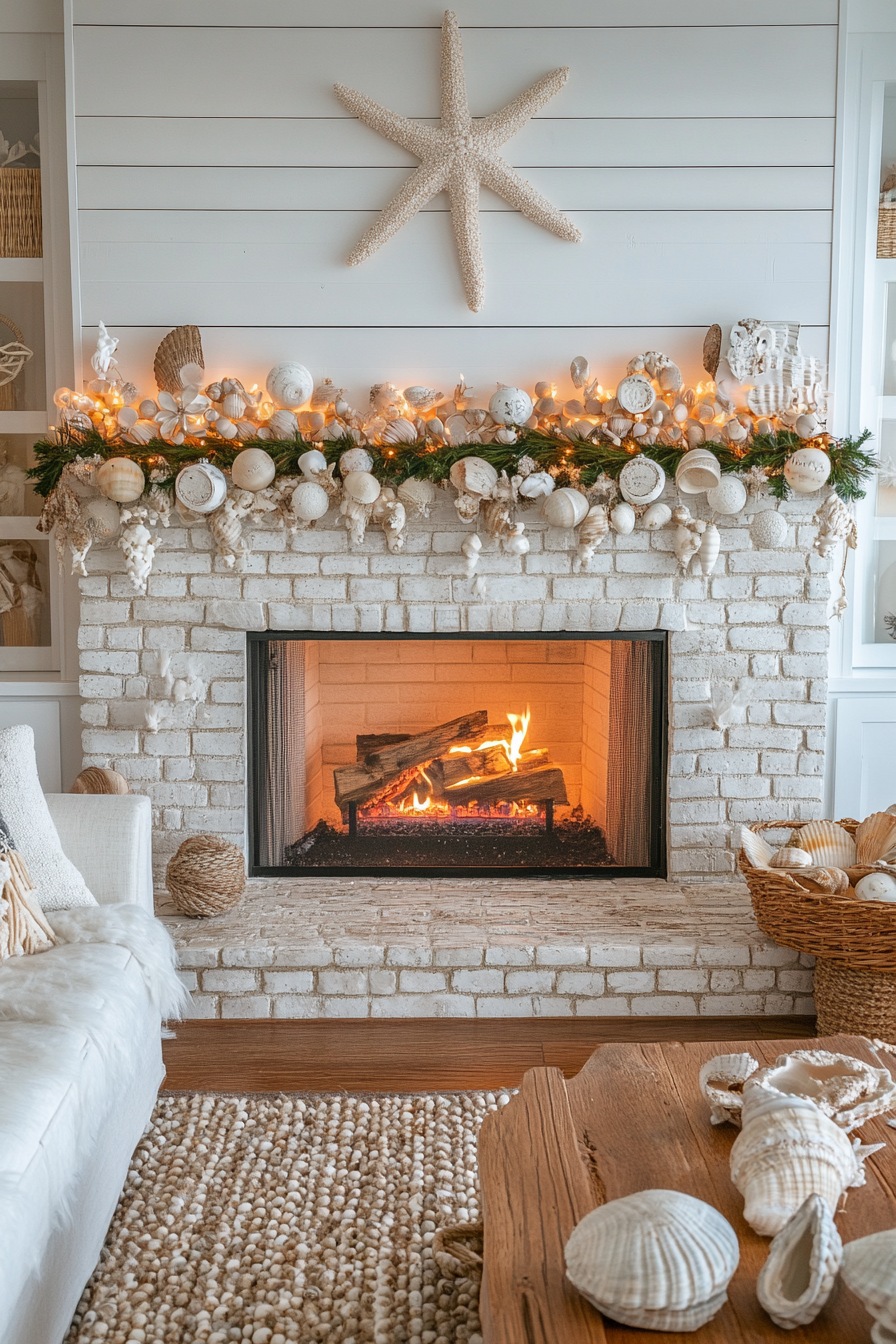 Coastal Christmas Fireplace: A Beachy Holiday Retreat