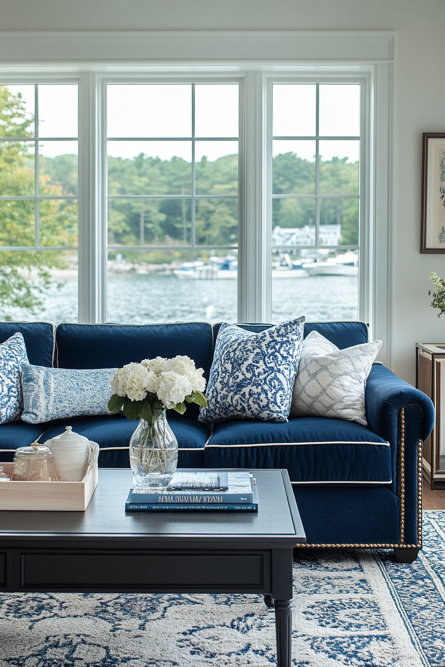 Coastal Preppy Living Room Decor with Harbor View