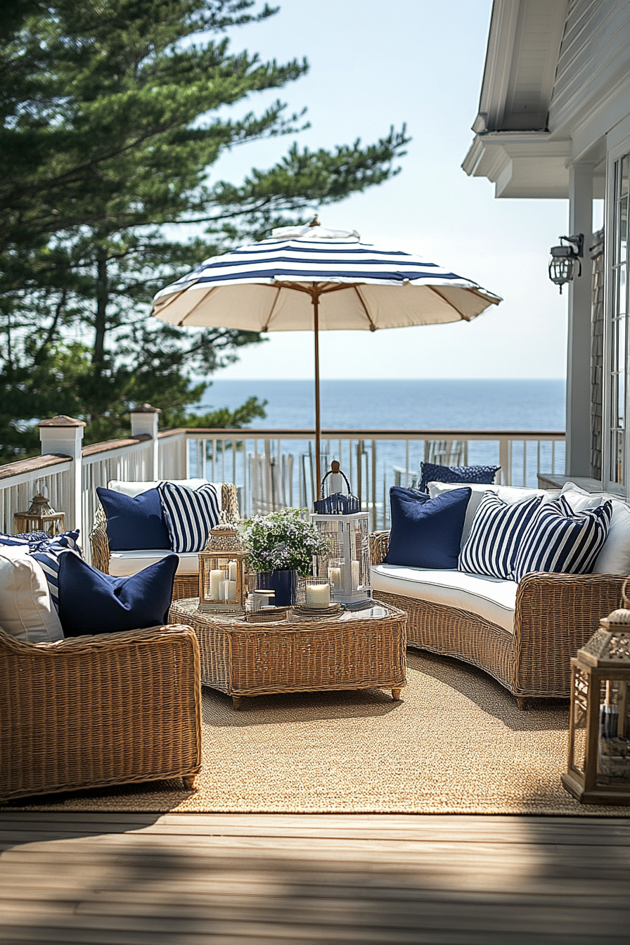 Coastal patio with navy and white decor, nautical theme.