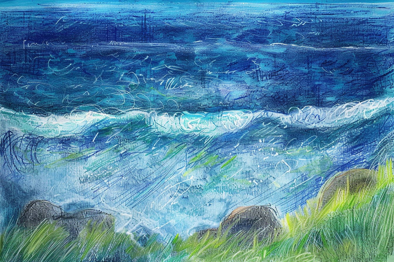 Coastal sketch with bold pencil lines and vibrant colors.