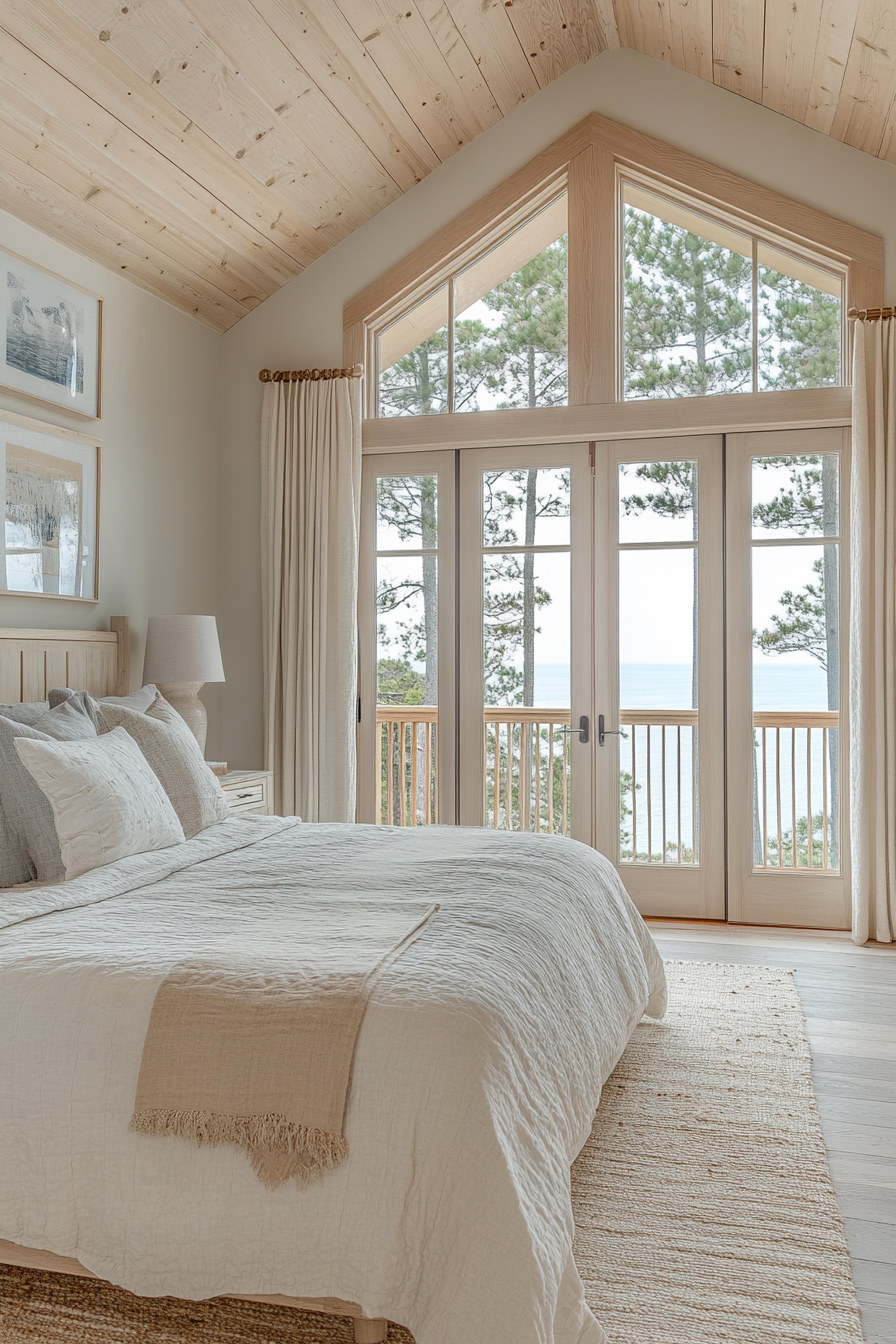 Coastal-themed cabin bedroom with modern furniture and decor