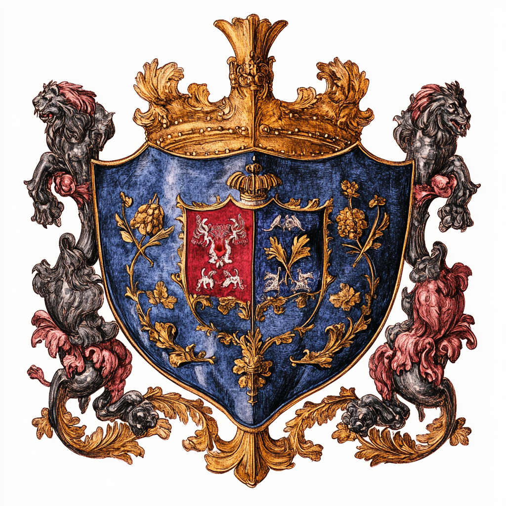 Coat-of-arms divided diagonally, blue rose, red wheat lion.