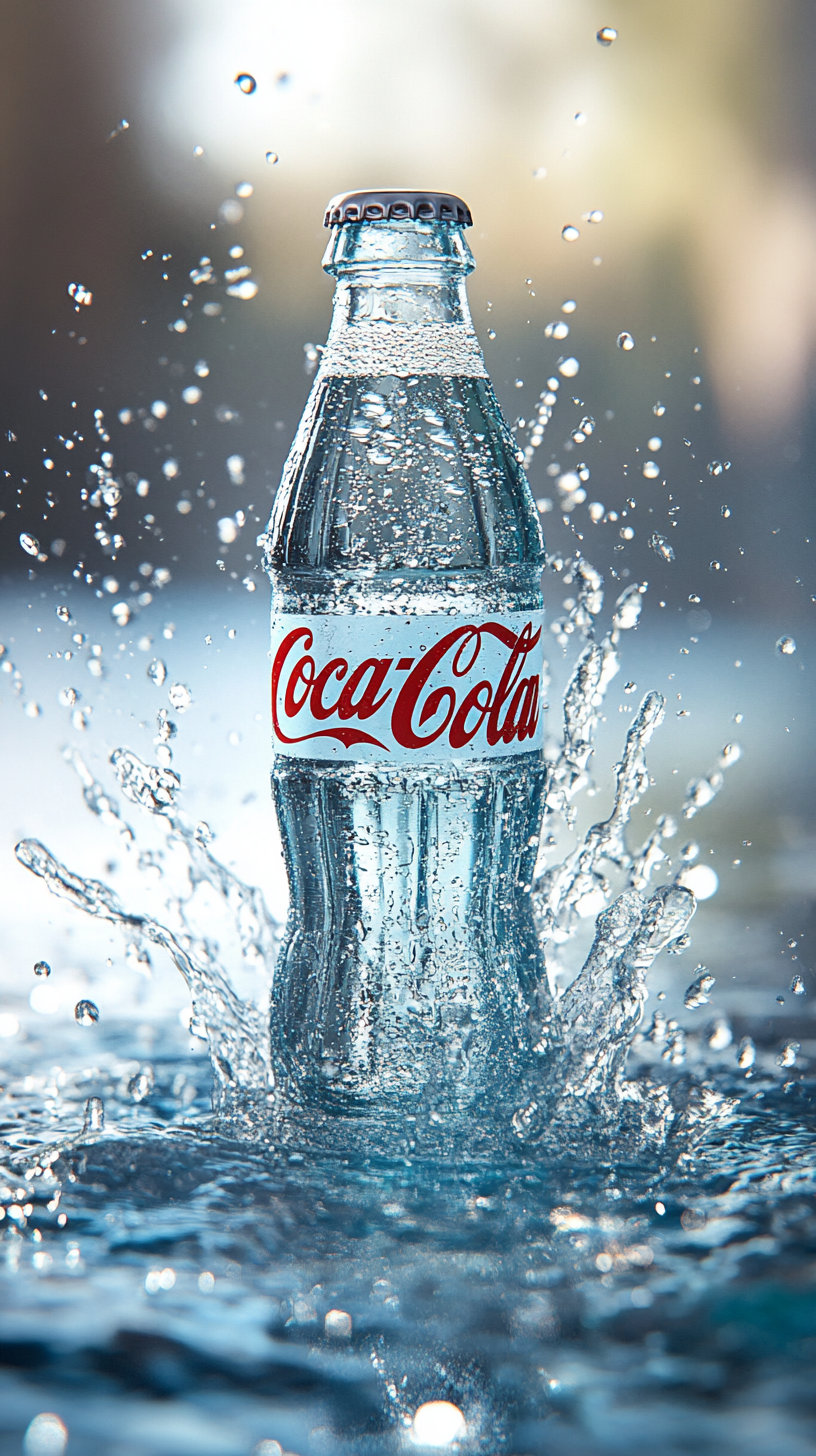 Coca-Cola bottle on sparkling water with bubbles splashing