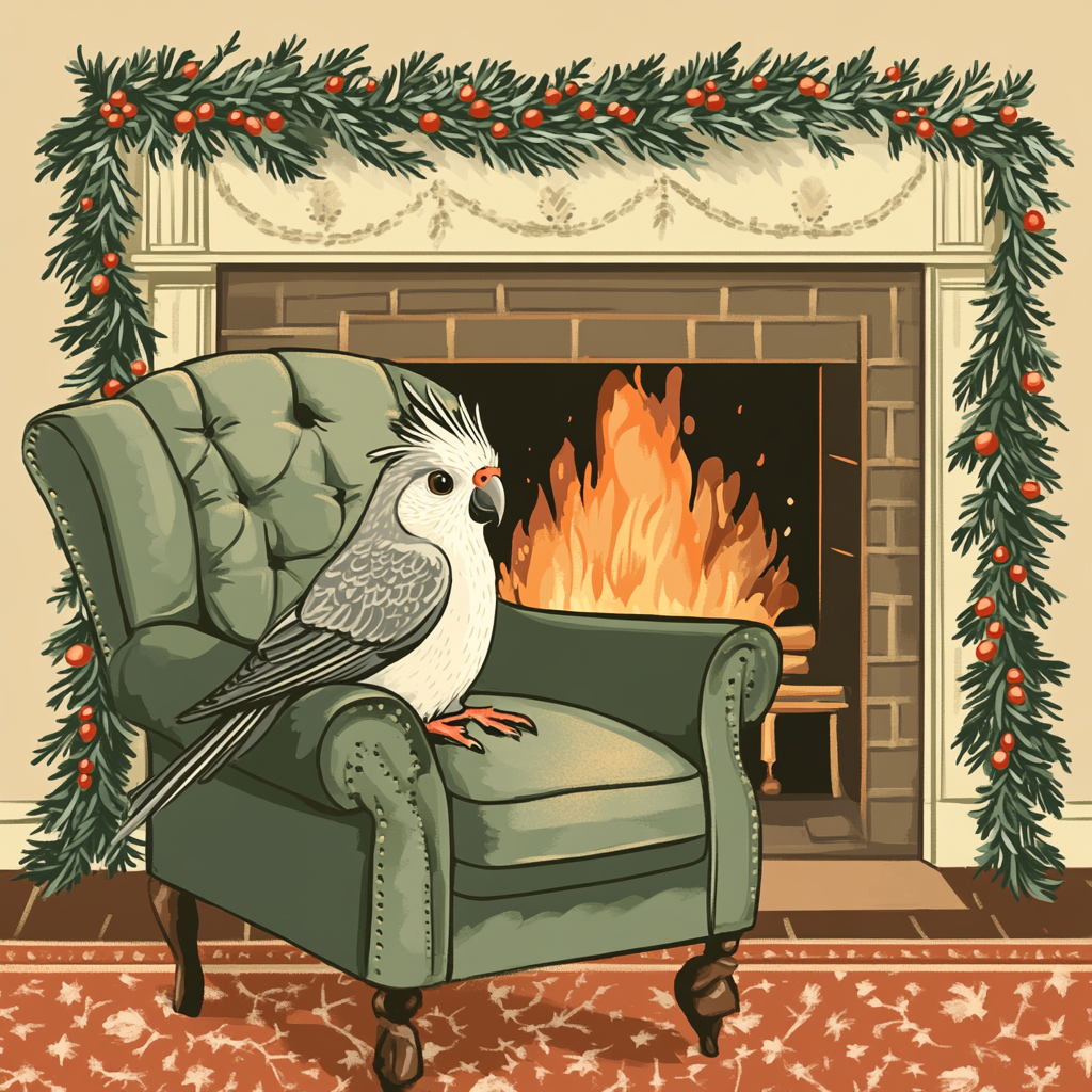 Cockatiel on Festive Chair by Fireplace Drawing