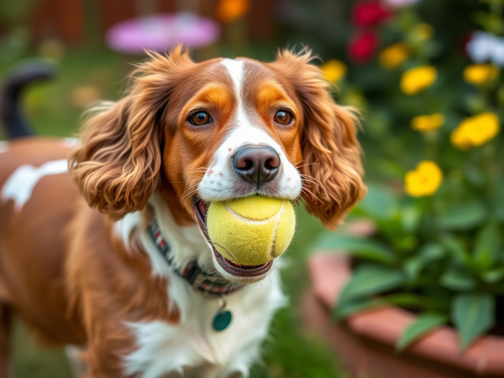 Cocker Spaniel Dog With Tennis Ball Outdoors