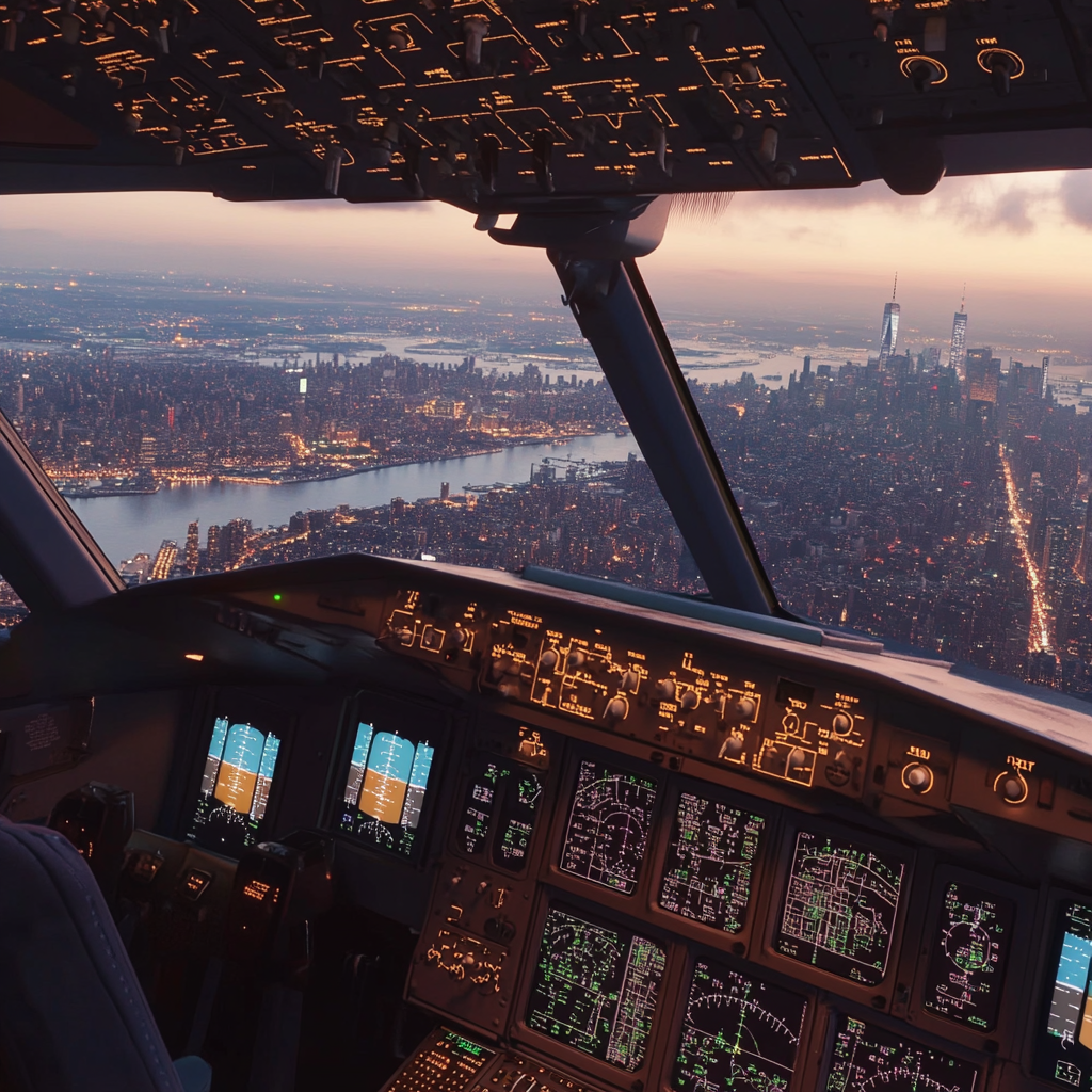 Cockpit view of big airliner landing in cityscape