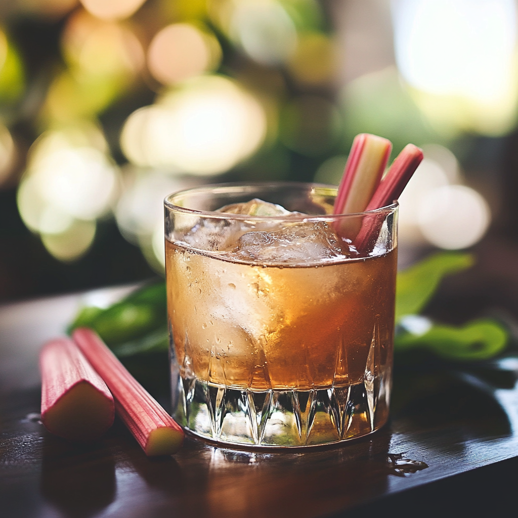 Cocktail in whiskey glass with ice and natural elements.