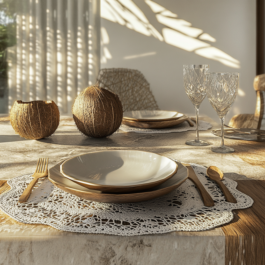 Coconut flatware on table with sunlight accents