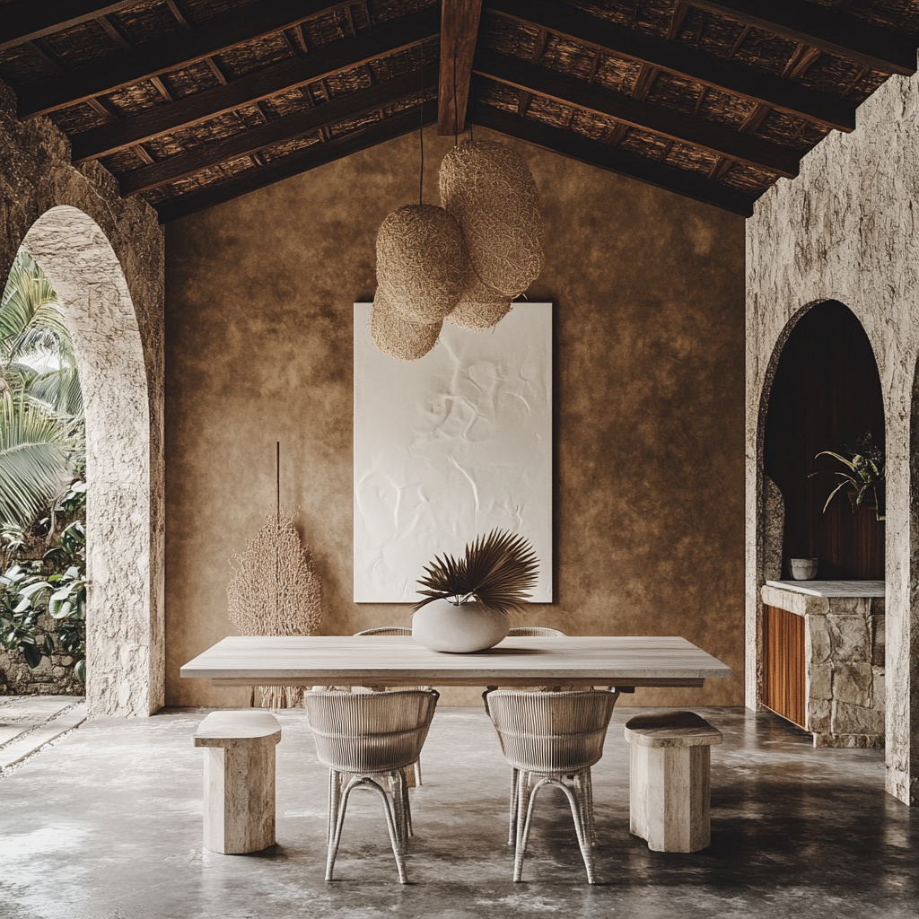 Coconut wall and big white art in dining room.