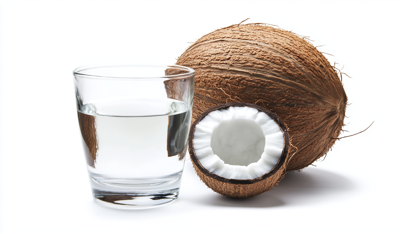 Coconut water in glass next to whole coconut