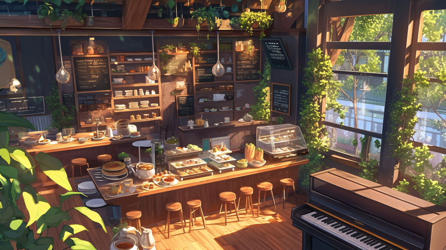 Coffee Shop Interior with Black Wood and Greenery