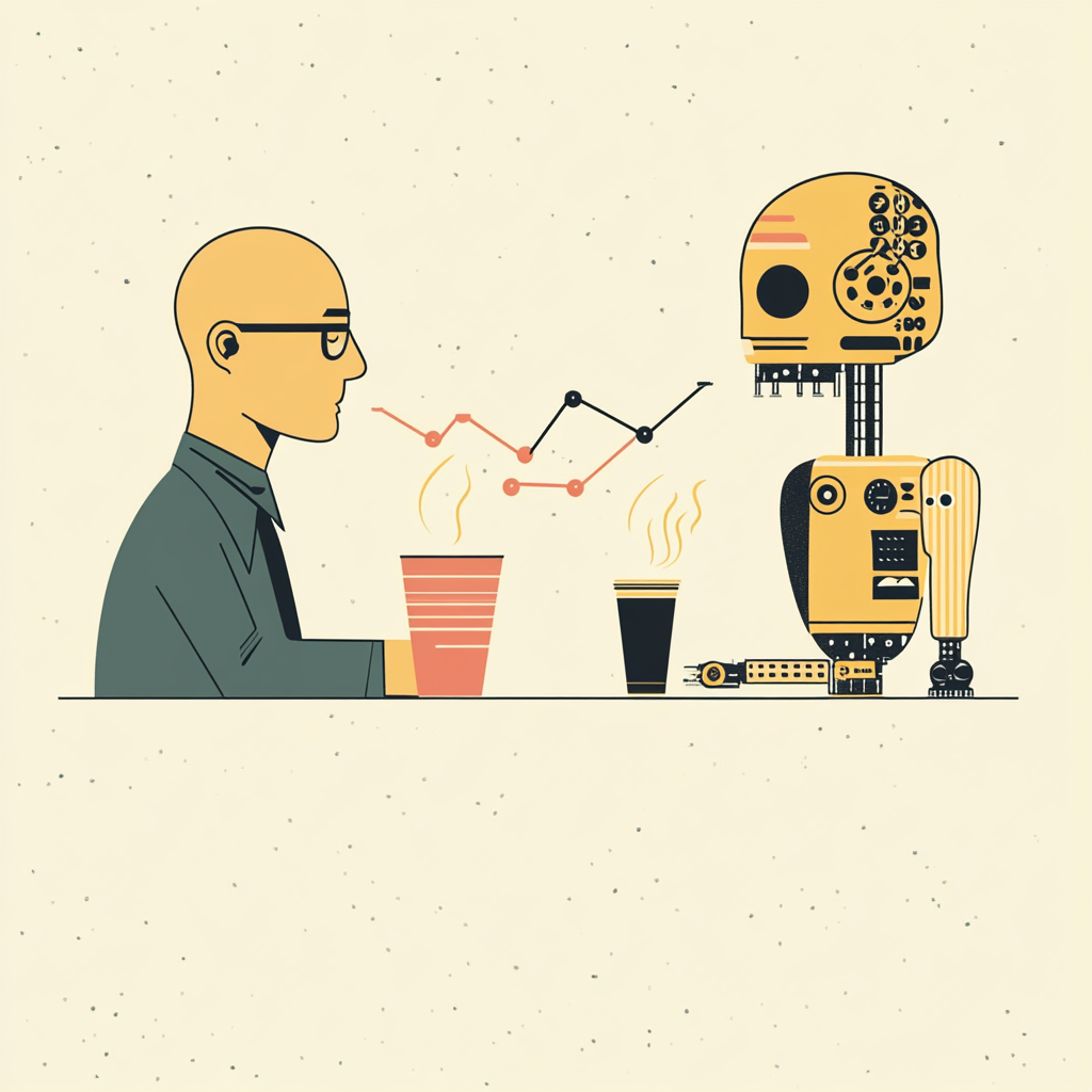 Coffee makes guy happy, robot grows steadily