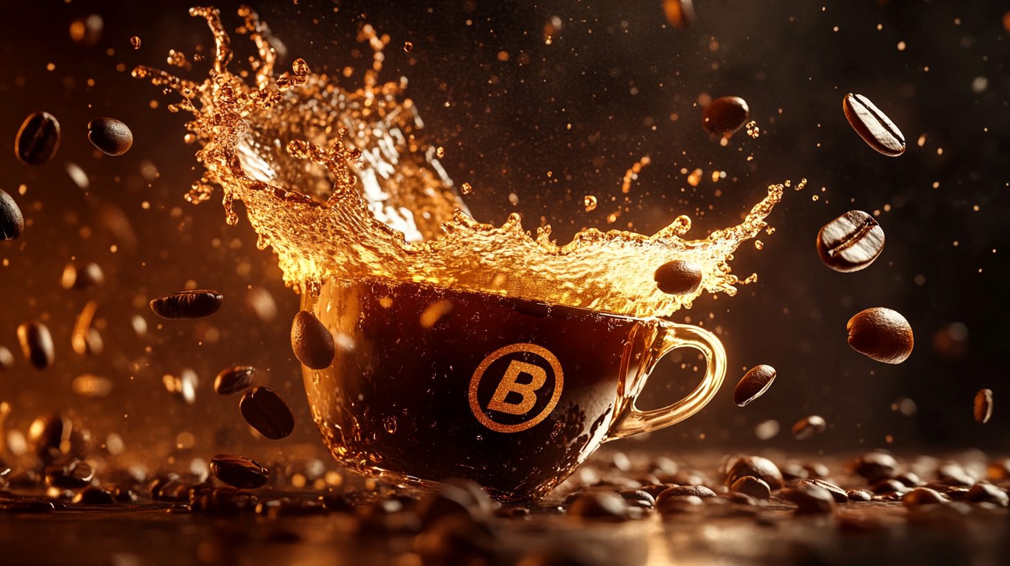 Coffee splash with Bitcoin logo beans, high-def, realistic, dramatic.