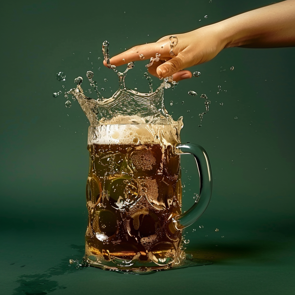 Cold Oktoberfest beer mug held by woman, angle from below