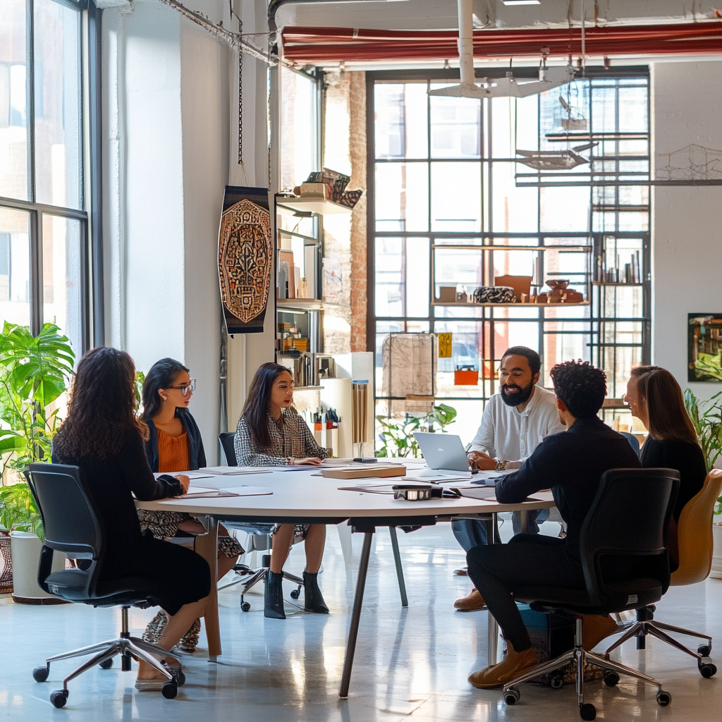 Collaborative team of diverse designers sharing ideas peacefully.