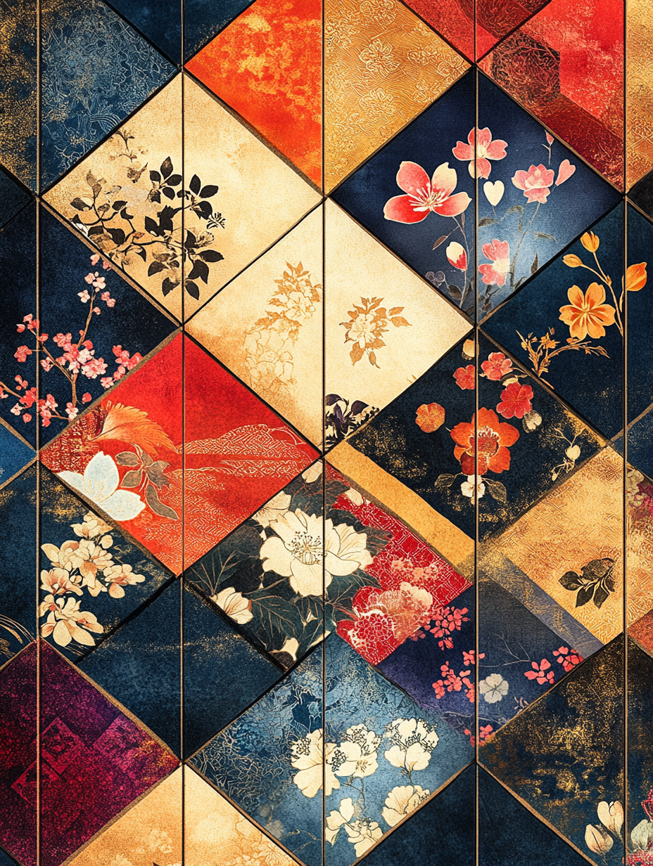 Collage of Japanese textile patterns in diamond format.