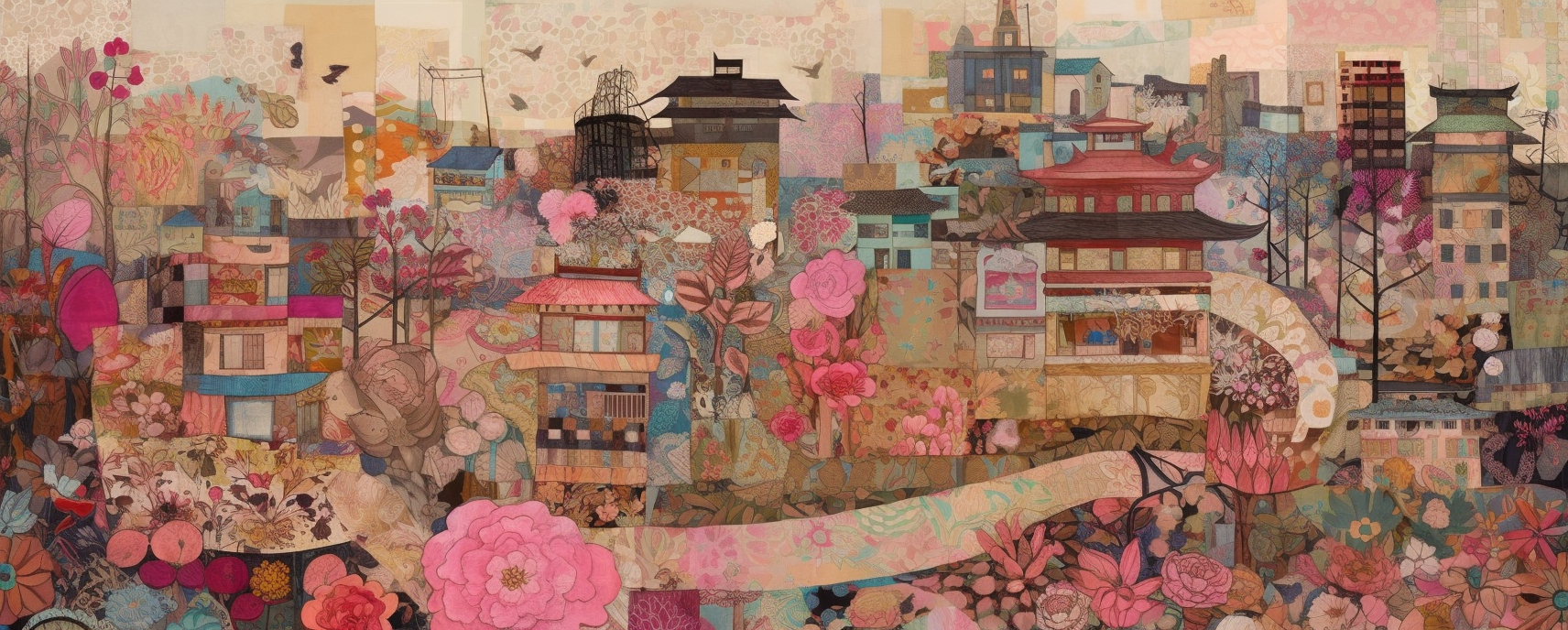 Collage of fabric and paper in urban landscape.