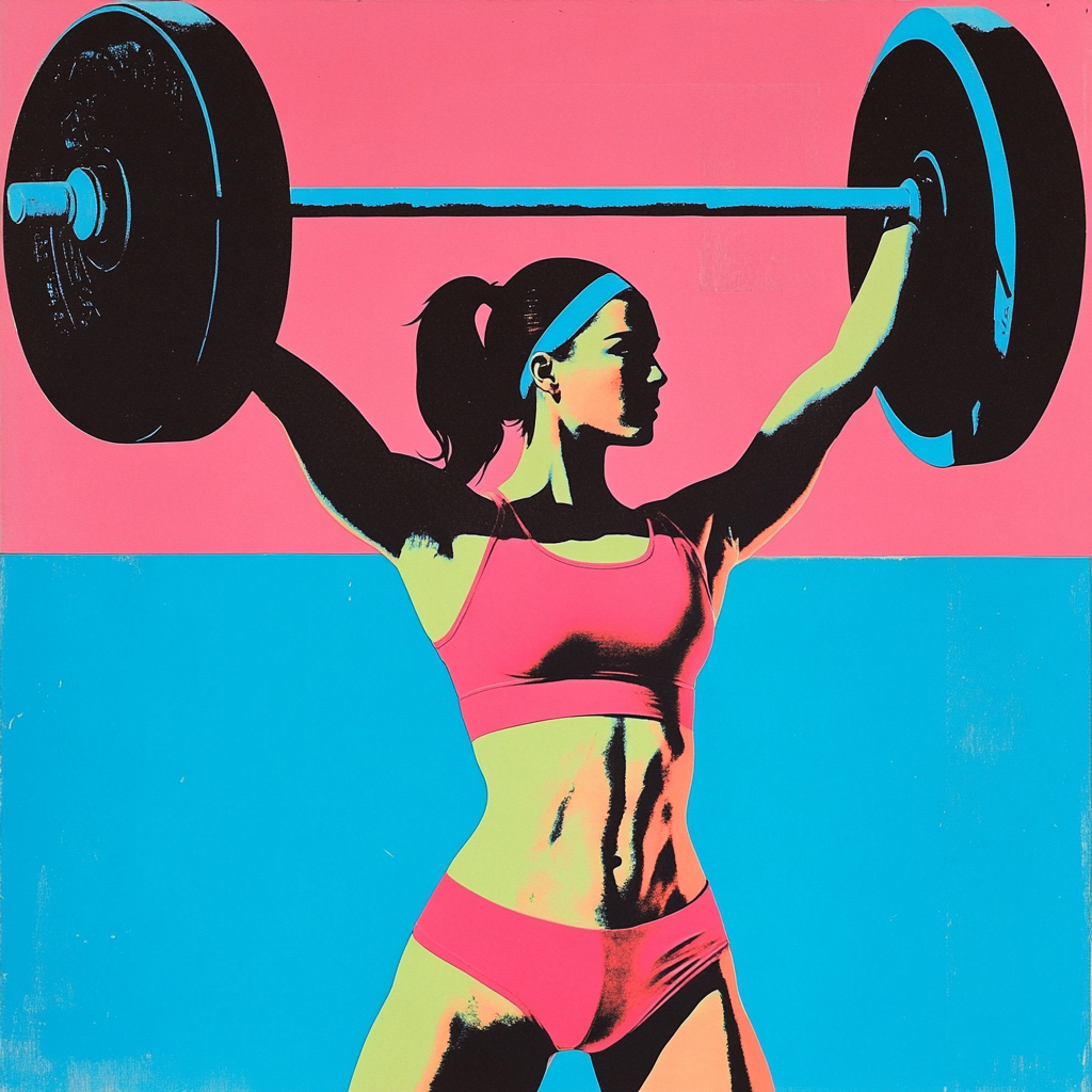 Collage of female weight lifter in pink, blue, black.