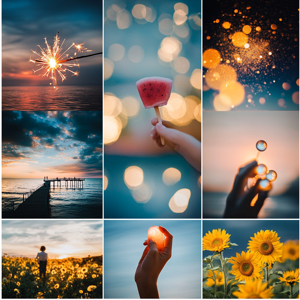 Collage of serene summer scenes: sparkler, ocean, sky, sunflowers.