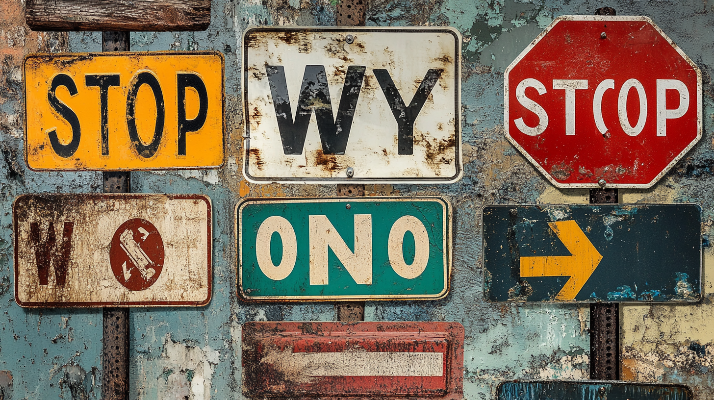 Collage of street signs including STOP and ONE WAY.