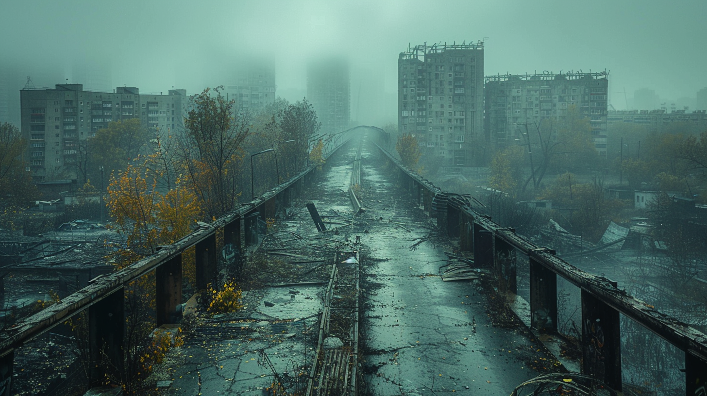 Collapsed bridge in abandoned city, nature reclaiming urban ruins.