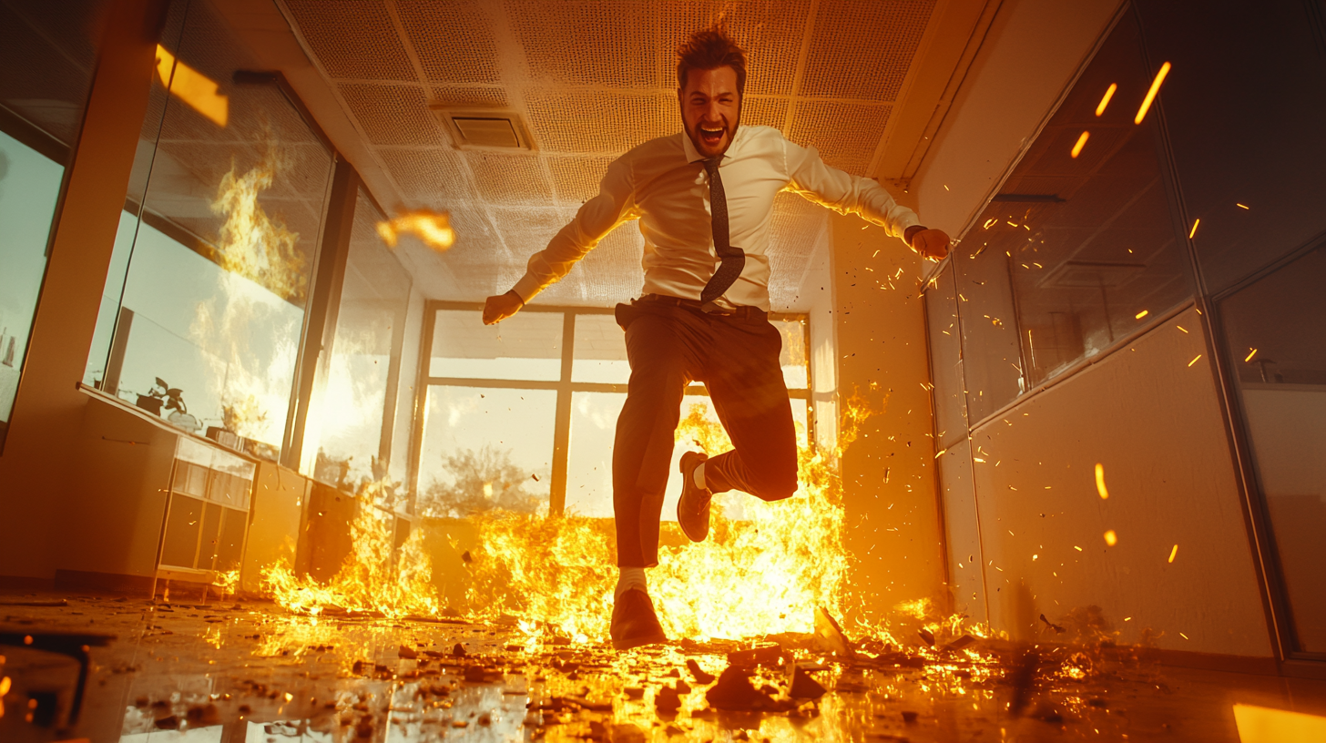 Colleague happily runs barefoot over burning glass at office.