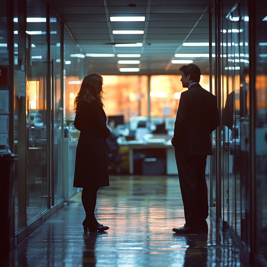 Colleagues gossip near office doorway, desk worker unaware.