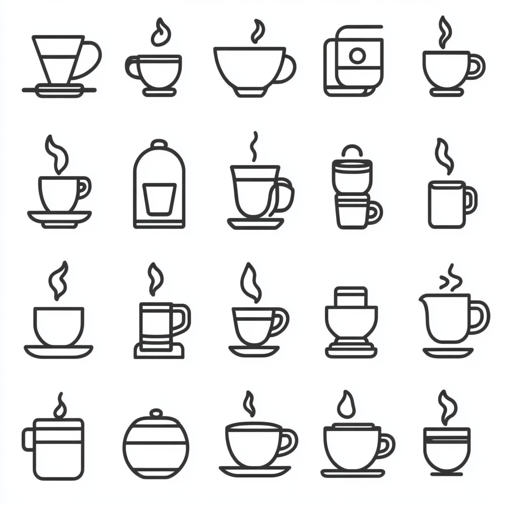 Collection of 40 minimal black and white coffee icons.