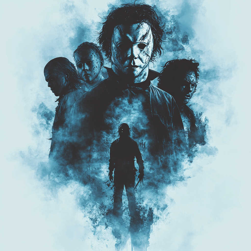 Collection of Michael Myers in menacing poses, horror movie style.