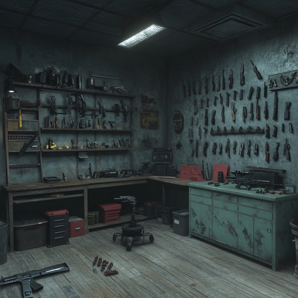 College bedroom with weapon vault, offroad vehicle, guns