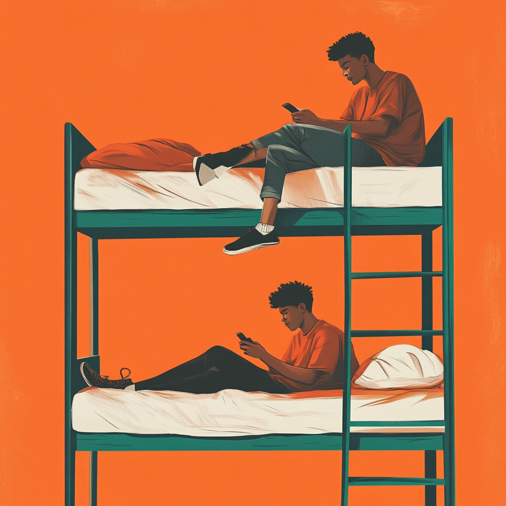 Illustration of College boys on bunk bed with phone