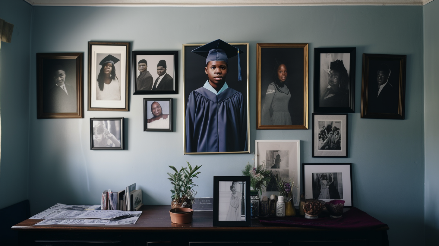 College graduate photos decorate bedroom wall in Africa.