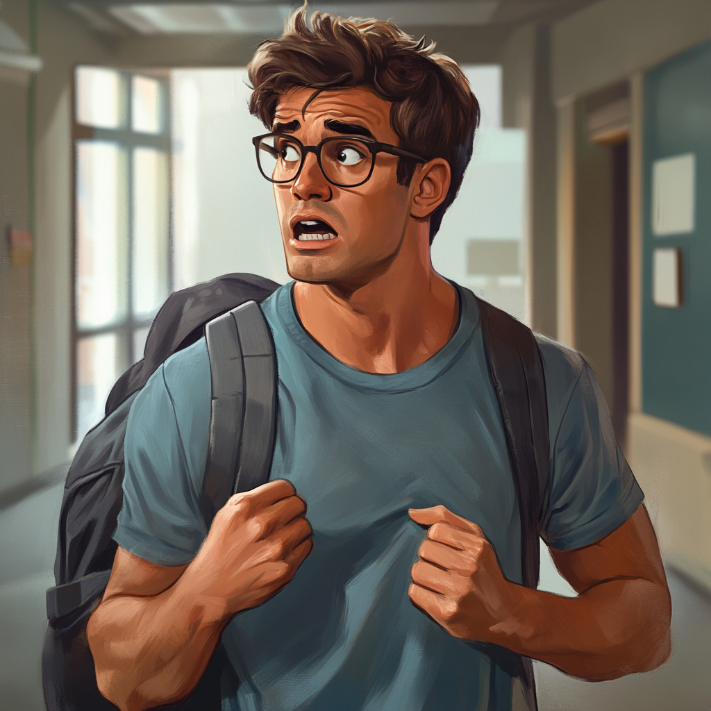 College student superhero with bifid tongue, glasses, university t-shirt