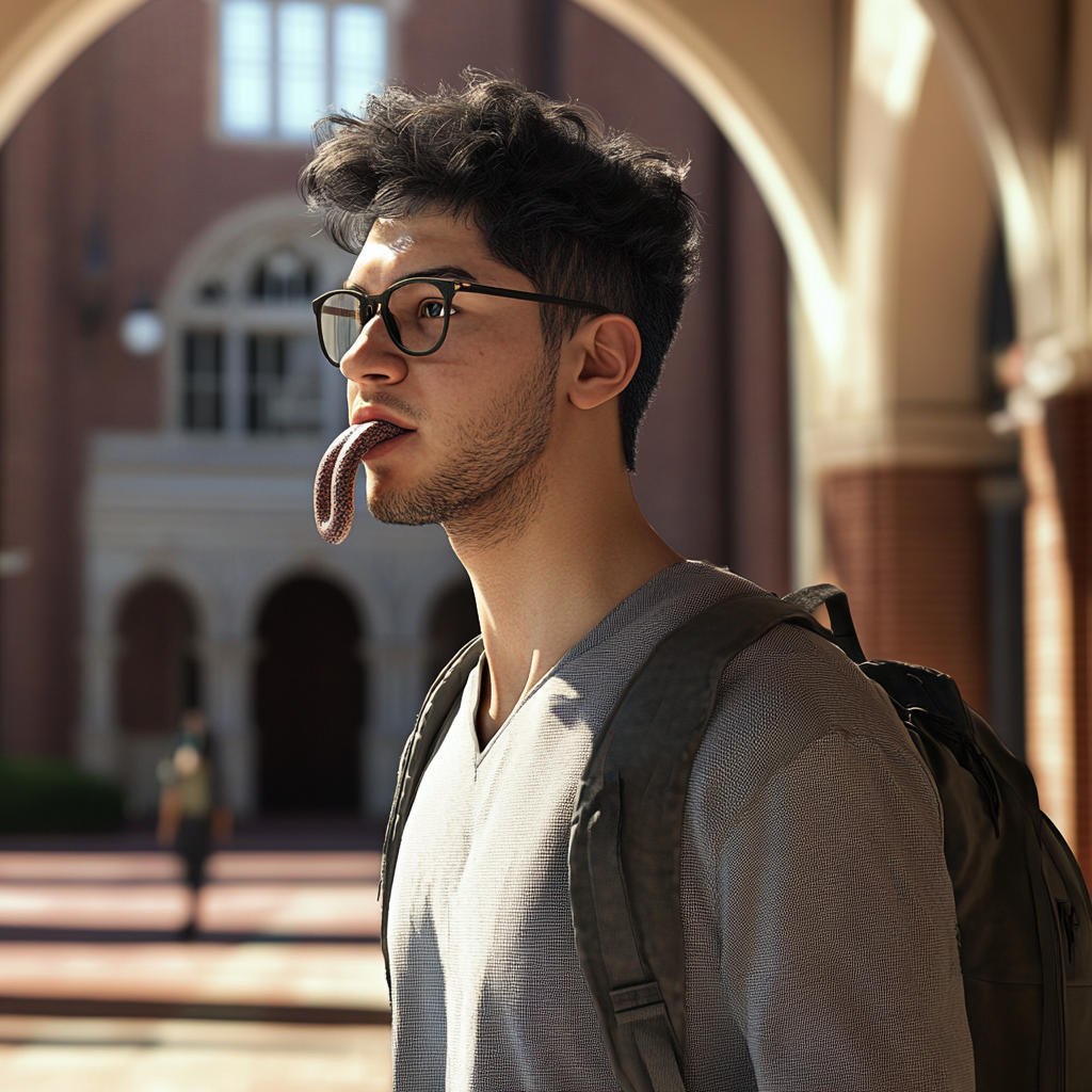 College student superhero with snake-like tongue, glasses, backpack.