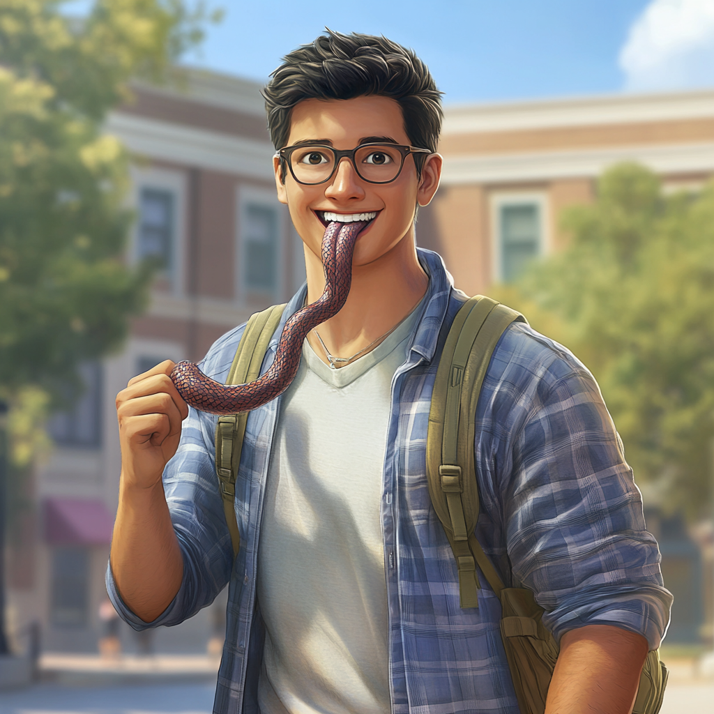 College student superhero with snake tongue, glasses, backpack.